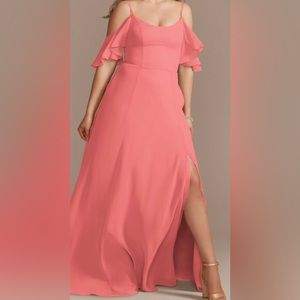 David’s Bridal Coral color cold shoulder long chiffon bridesmaid dress. Size 20